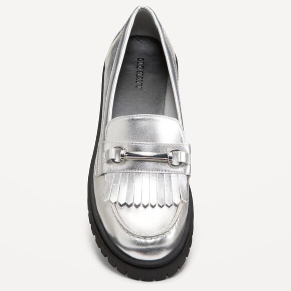 Old Navy Shoes - Old Navy silver Faux Leather Chunky Heel Loafers